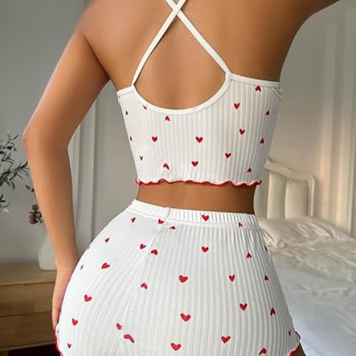 Heart-Shaped Print Contrast Color Home Wear Front Slit Suspender Pajamas Set