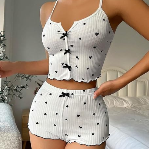 Heart-Shaped Print Contrast Color Home Wear Front Slit Suspender Pajamas Set